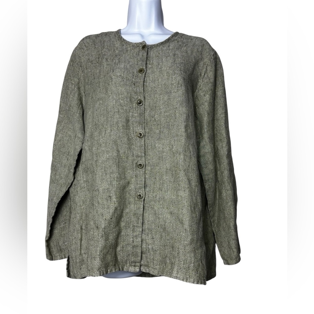 Flax Linen Tunic Top Long Sleeve Button Front Green Lagenlook Womens Size S